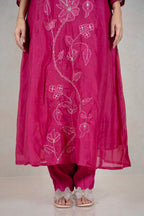 Raysham Fashion fuchsia pink silk-blend kurta with white floral embroidery and sequin details on matching trousers.