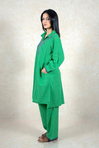 Raysham Fashion green checkered kurta and trouser set with purple floral embroidery and lace trim on a model