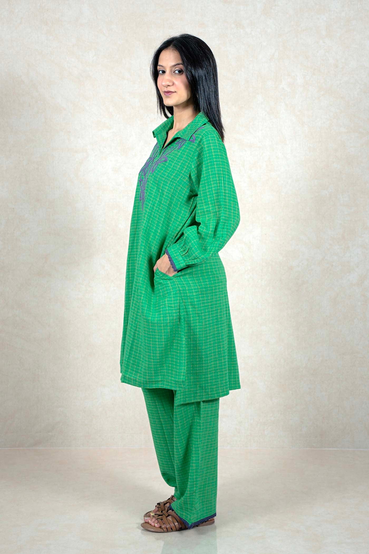 Raysham Fashion green checkered kurta and trouser set with purple floral embroidery and lace trim on a model