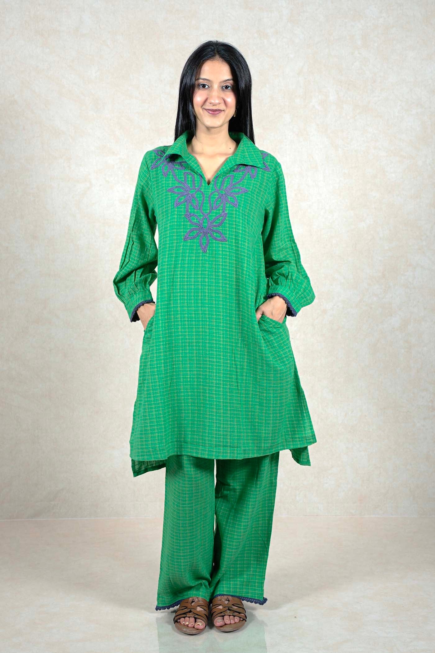 Raysham Fashion green checkered kurta and trouser set with purple floral embroidery and lace trim on a model