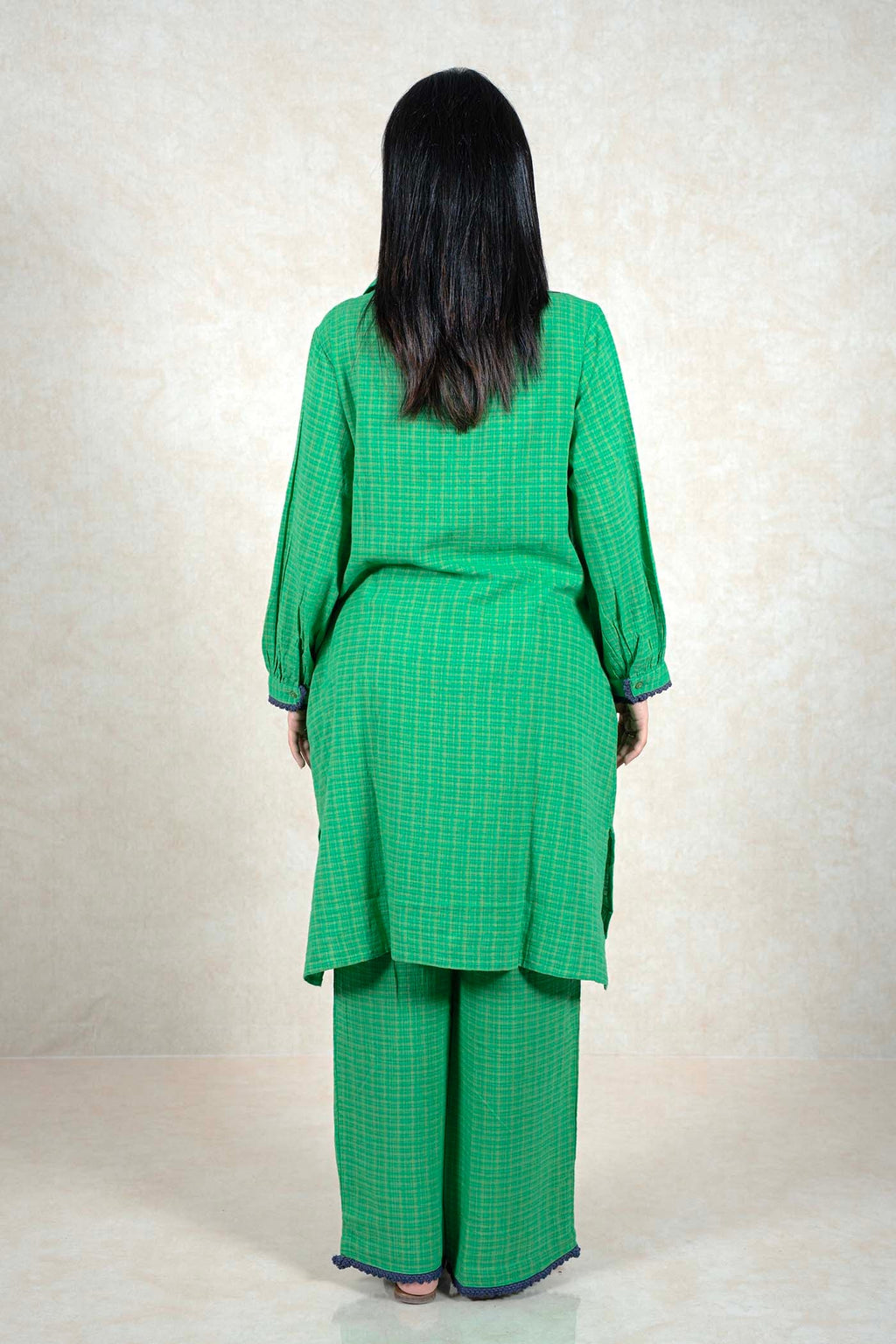 Raysham Fashion green checkered kurta and wide-leg trouser set with purple lace trim on cuffs and hem, back view