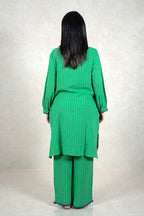 Raysham Fashion green checkered kurta and wide-leg trouser set with purple lace trim on cuffs and hem, back view
