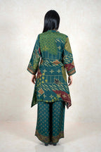 Raysham Fashion emerald green printed kurta and wide leg pant set with geometric patterns, back view