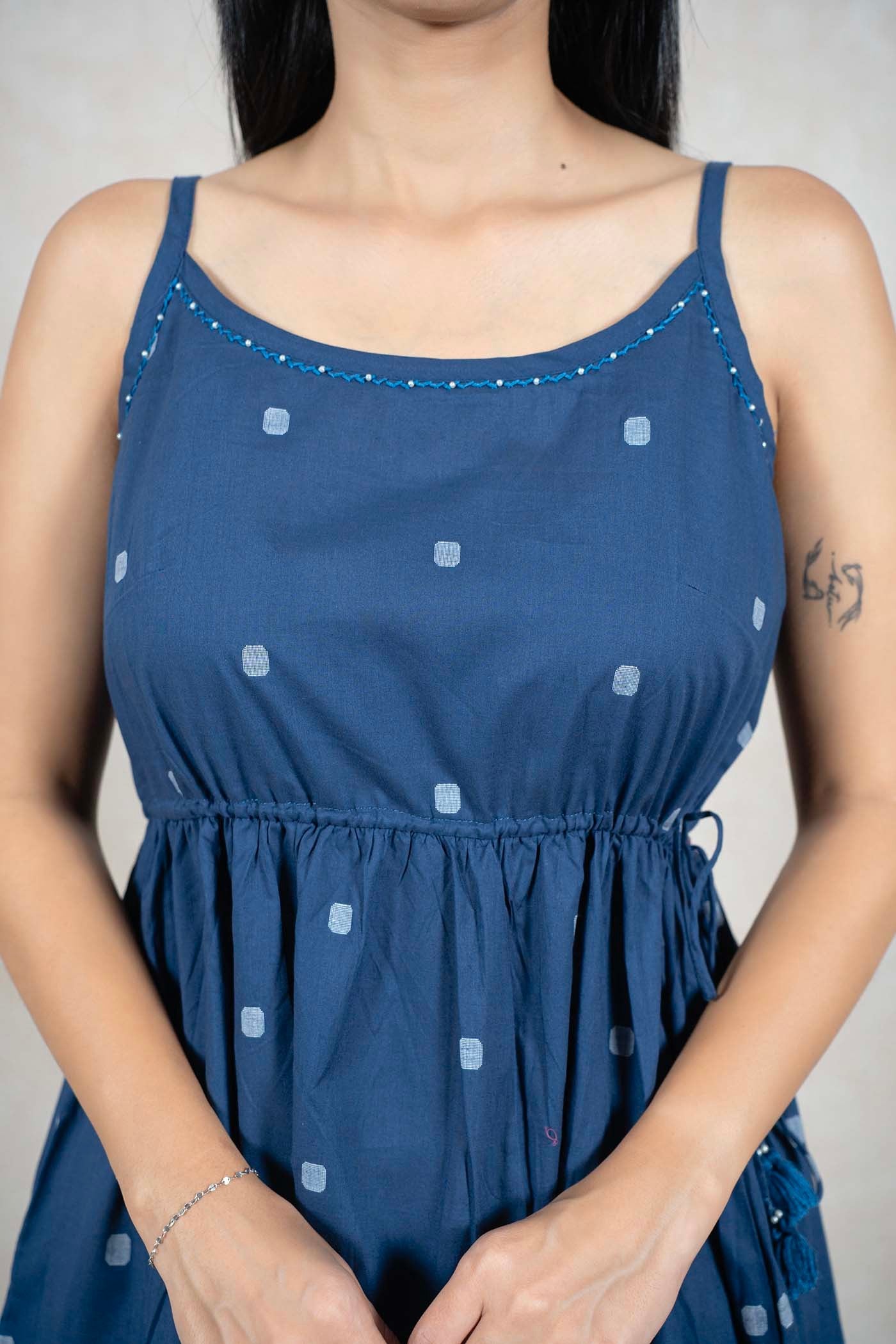 Raysham Fashion indigo blue cotton midi dress with white square print, spaghetti straps, and embroidered neckline.