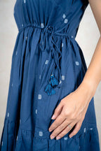Raysham Fashion indigo blue cotton midi dress with a square print, drawstring waist, and tassel details.