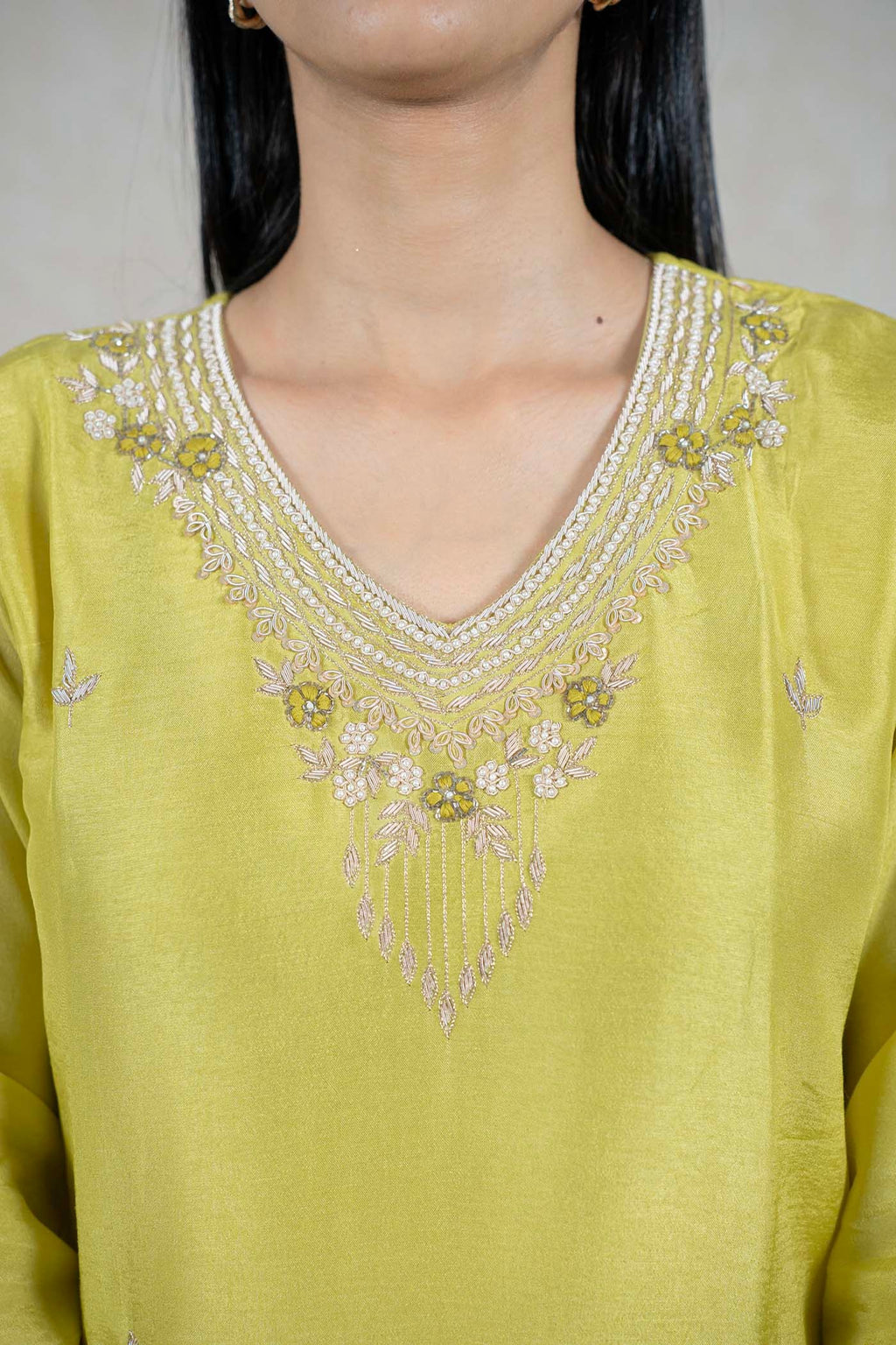 Raysham Fashion lime green silk-blend kurta featuring intricate floral embroidery and beadwork on the V-neckline.