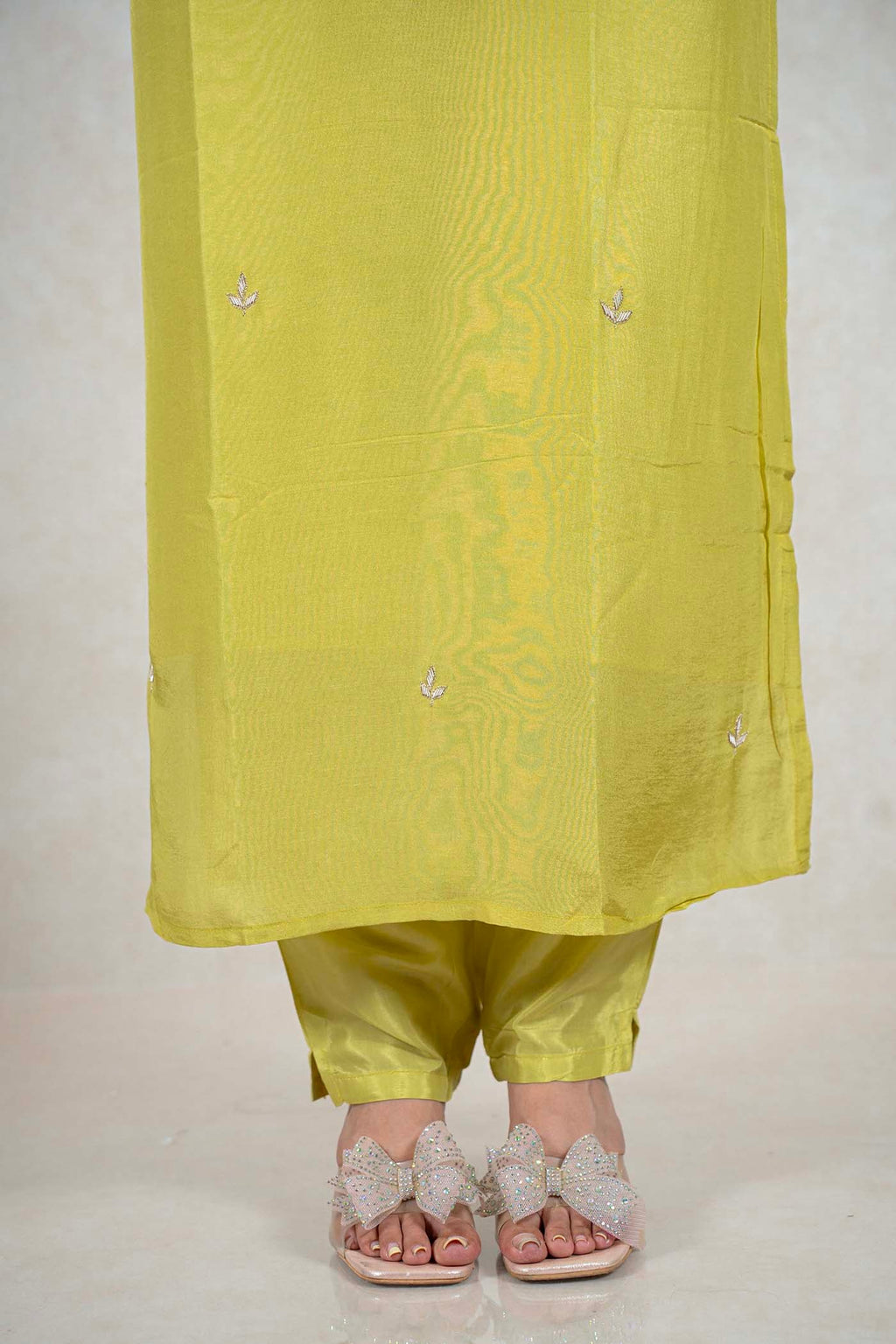 Raysham Fashion lime green silk-blend kurta and trousers with delicate floral embroidery and embellished sandals