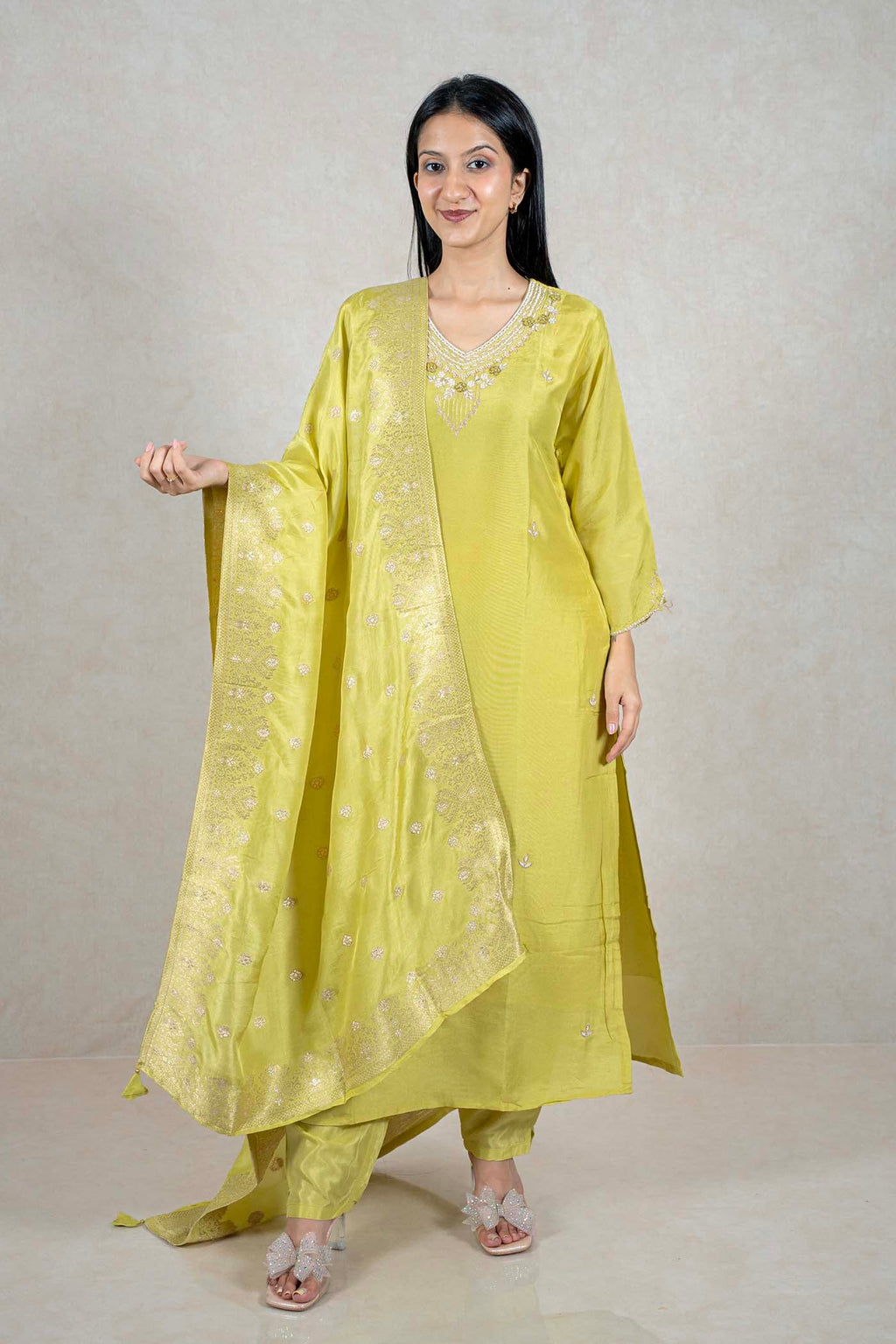 Raysham Fashion lime green silk-blend kurta set with floral embroidery, V-neckline, and golden zari dupatta