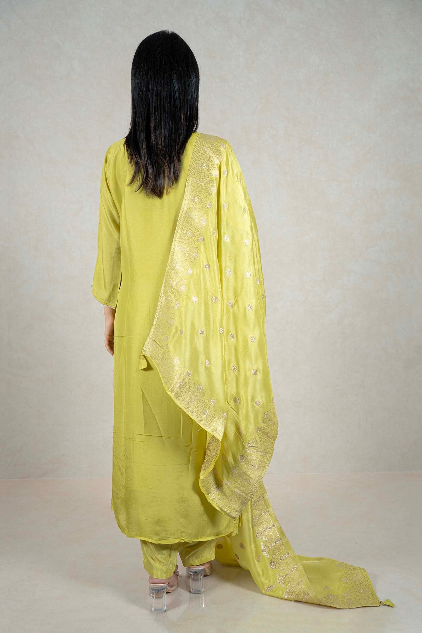 Raysham Fashion lime green silk-blend kurta set with matching dupatta featuring golden zari work, back view