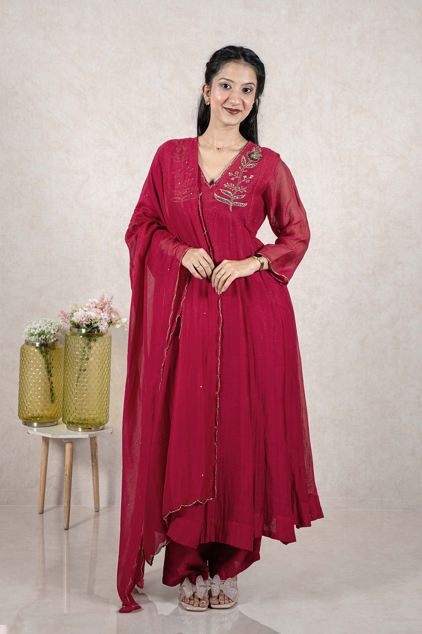 Raysham Fashion deep magenta Anarkali suit with gold floral embroidery, sequin work, and a matching sheer dupatta.