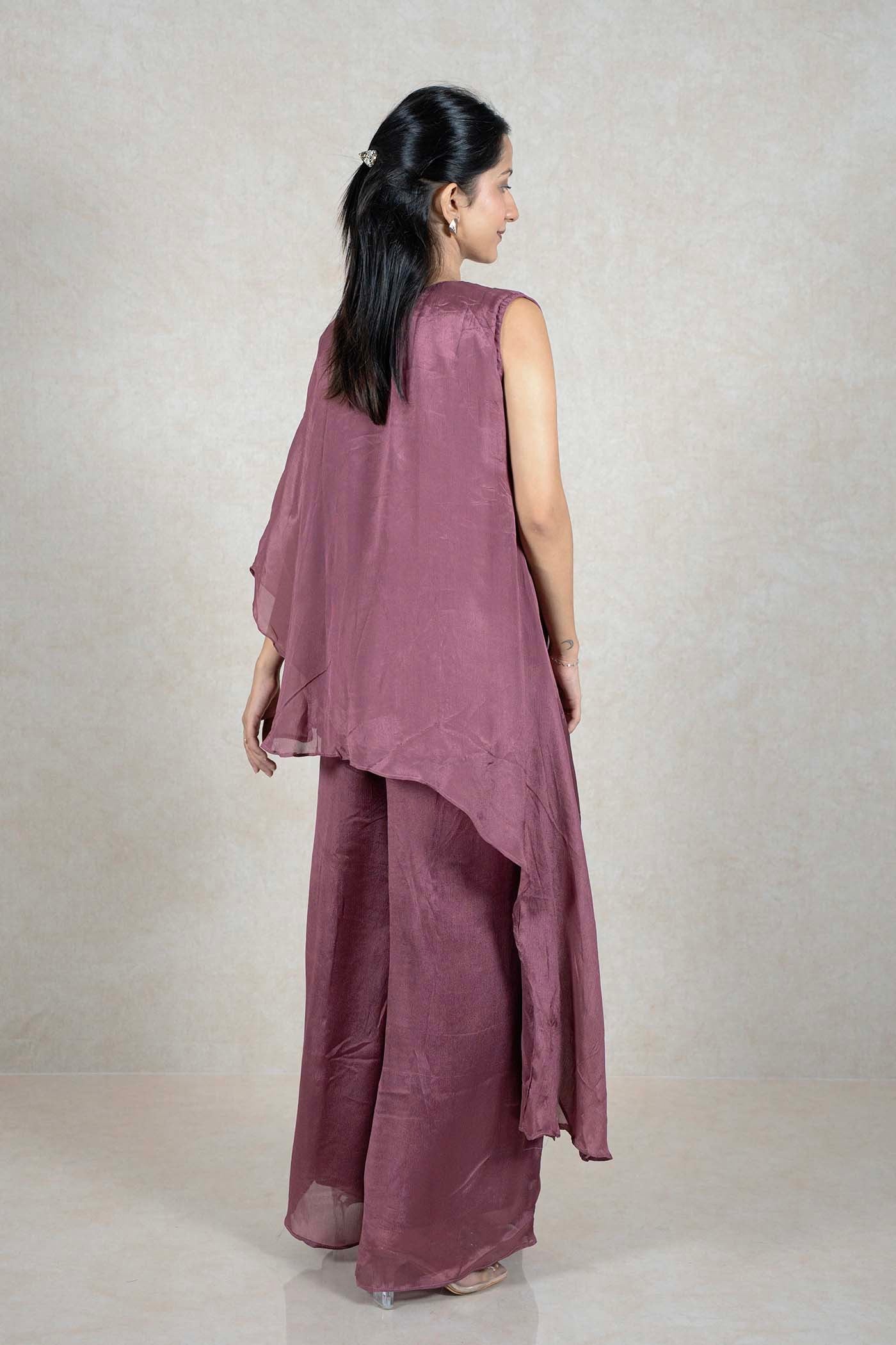 Raysham Fashion mauve asymmetric tunic and wide leg pants co-ord set with a flowing cape-like silhouette