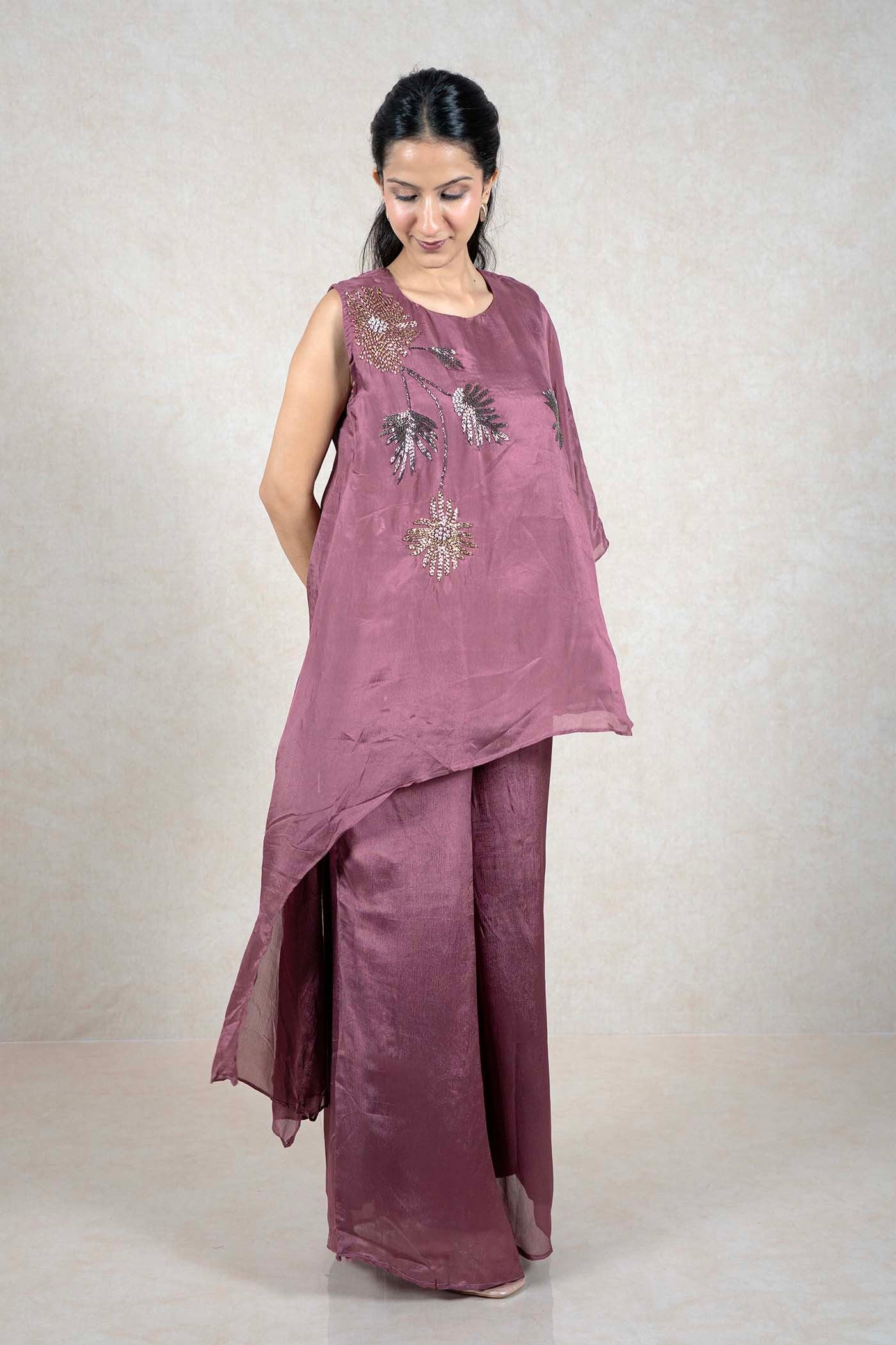Raysham Fashion mauve asymmetric tunic and wide leg pants set with floral sequin embroidery on lightweight fabric