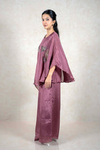 Raysham Fashion mauve asymmetric tunic and wide leg pants set with floral sequin embroidery and cape-like silhouette