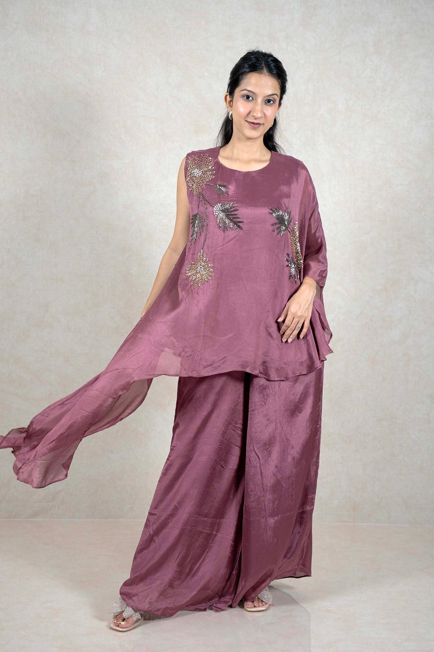 Raysham Fashion mauve asymmetrical tunic and wide leg pants set with floral sequin embroidery and flowing drape