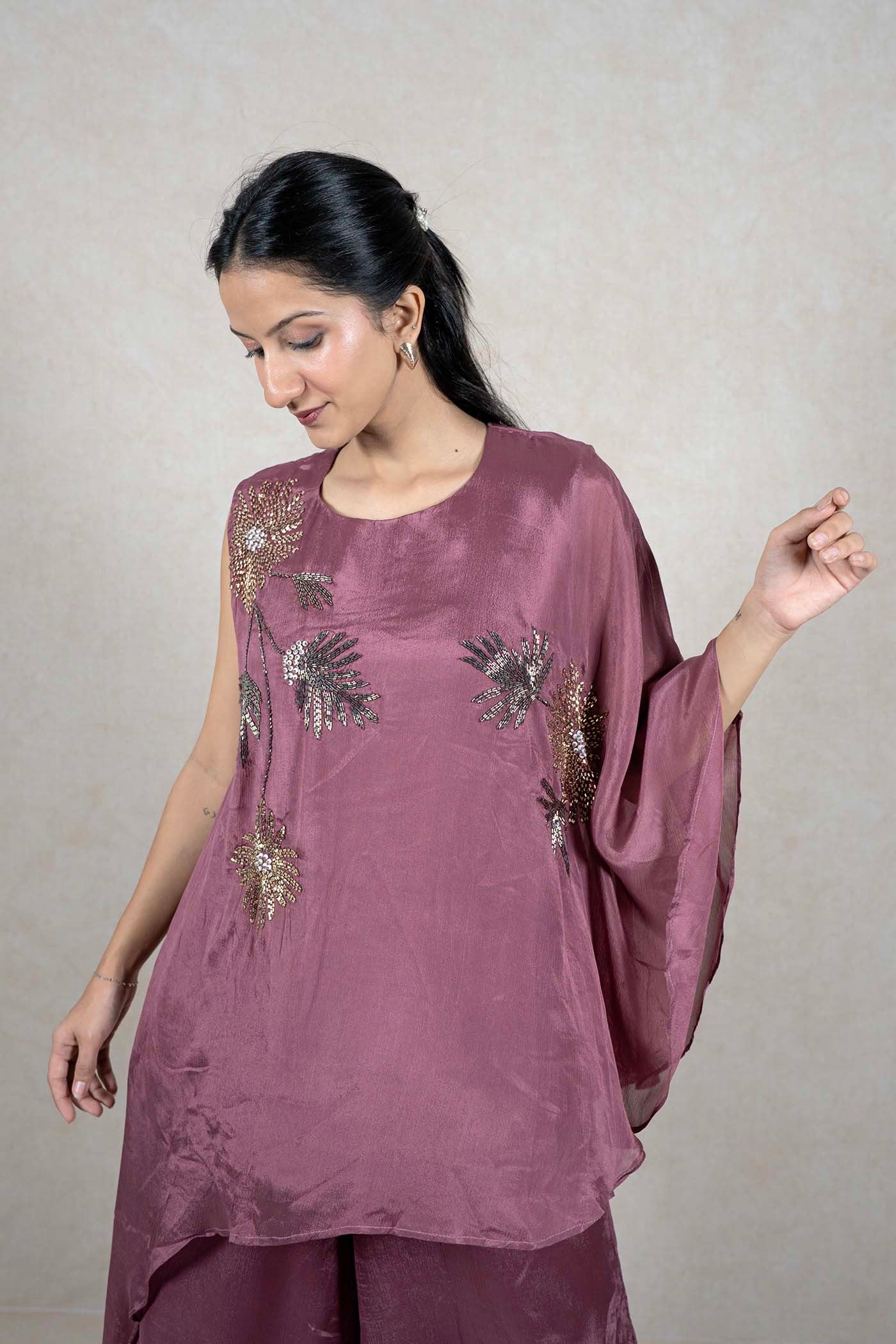 Raysham Fashion mauve asymmetric tunic with hand-placed floral sequin and bead embroidery on lightweight fabric