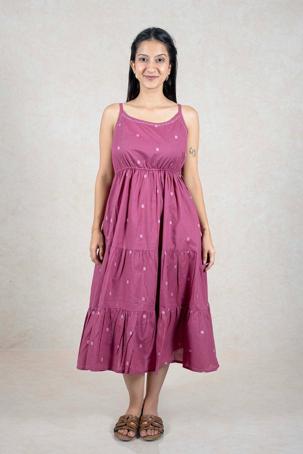 Raysham Fashion mauve cotton midi dress with spaghetti straps, tiered skirt, square print, and white embroidery.
