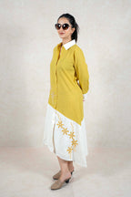 Raysham Fashion mustard and off-white asymmetric shirt dress with floral embroidery, white collar, and button-down front