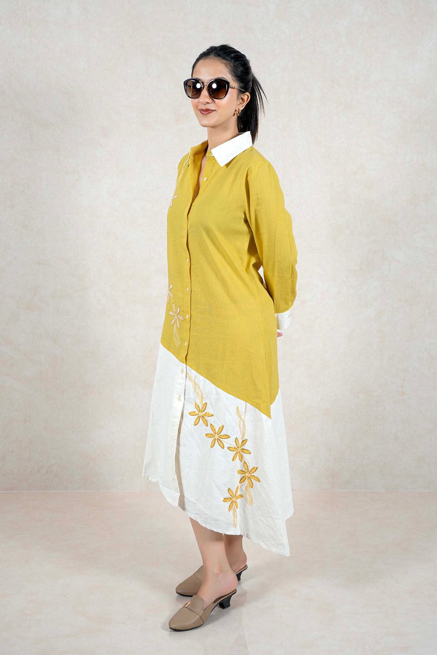 Raysham Fashion mustard and off-white asymmetric shirt dress with floral embroidery, white collar, and button-down front