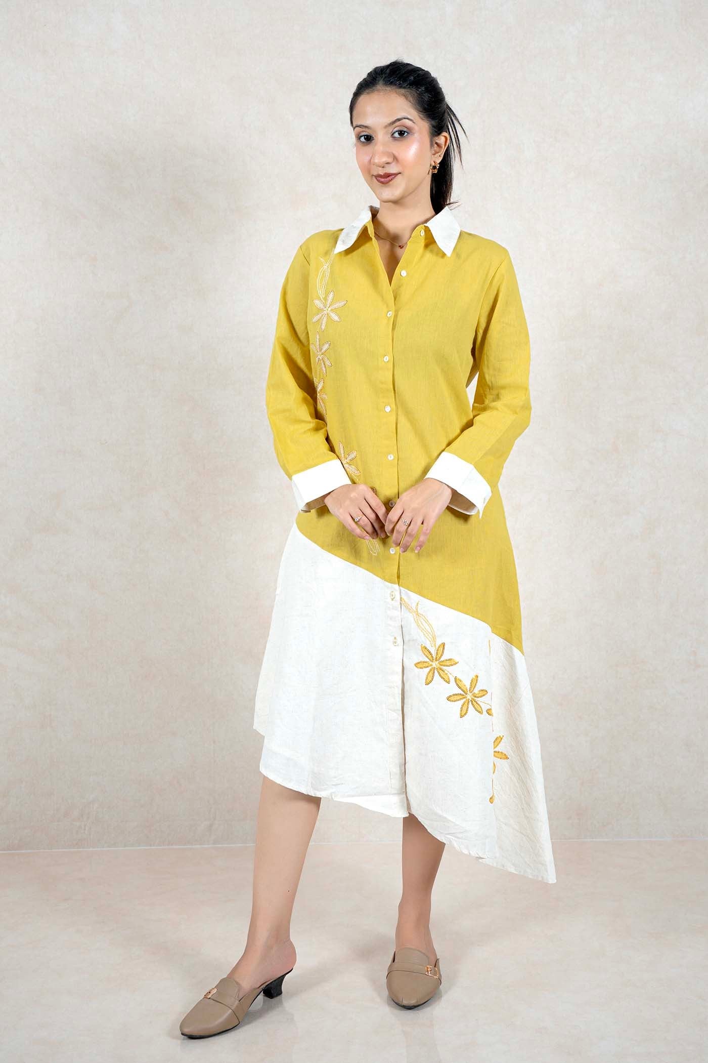 Raysham Fashion mustard and off-white asymmetrical shirt dress with floral embroidery, collar, and button-down front.