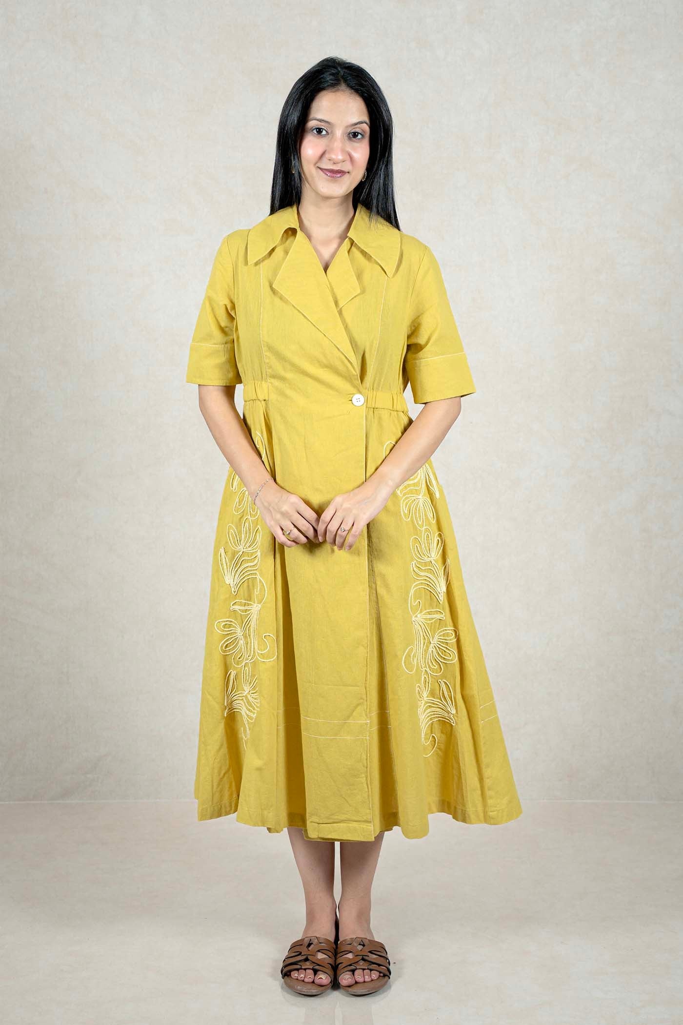Raysham Fashion mustard yellow midi dress with a lapel collar, white side embroidery, and an elasticated waist.