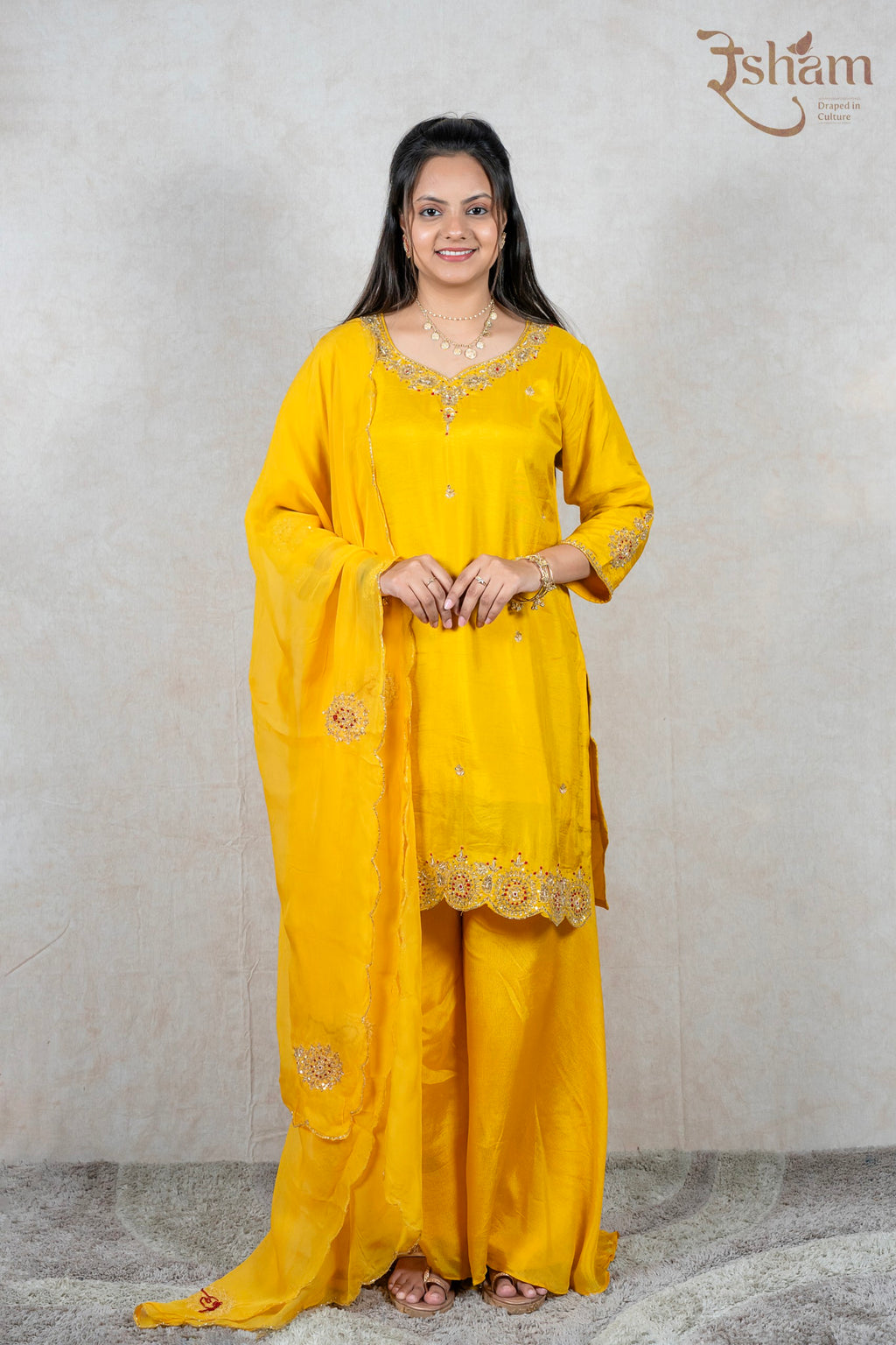 Raysham Fashion mustard yellow silk kurta set with intricate embroidery, sequins, palazzo pants, and sheer dupatta.