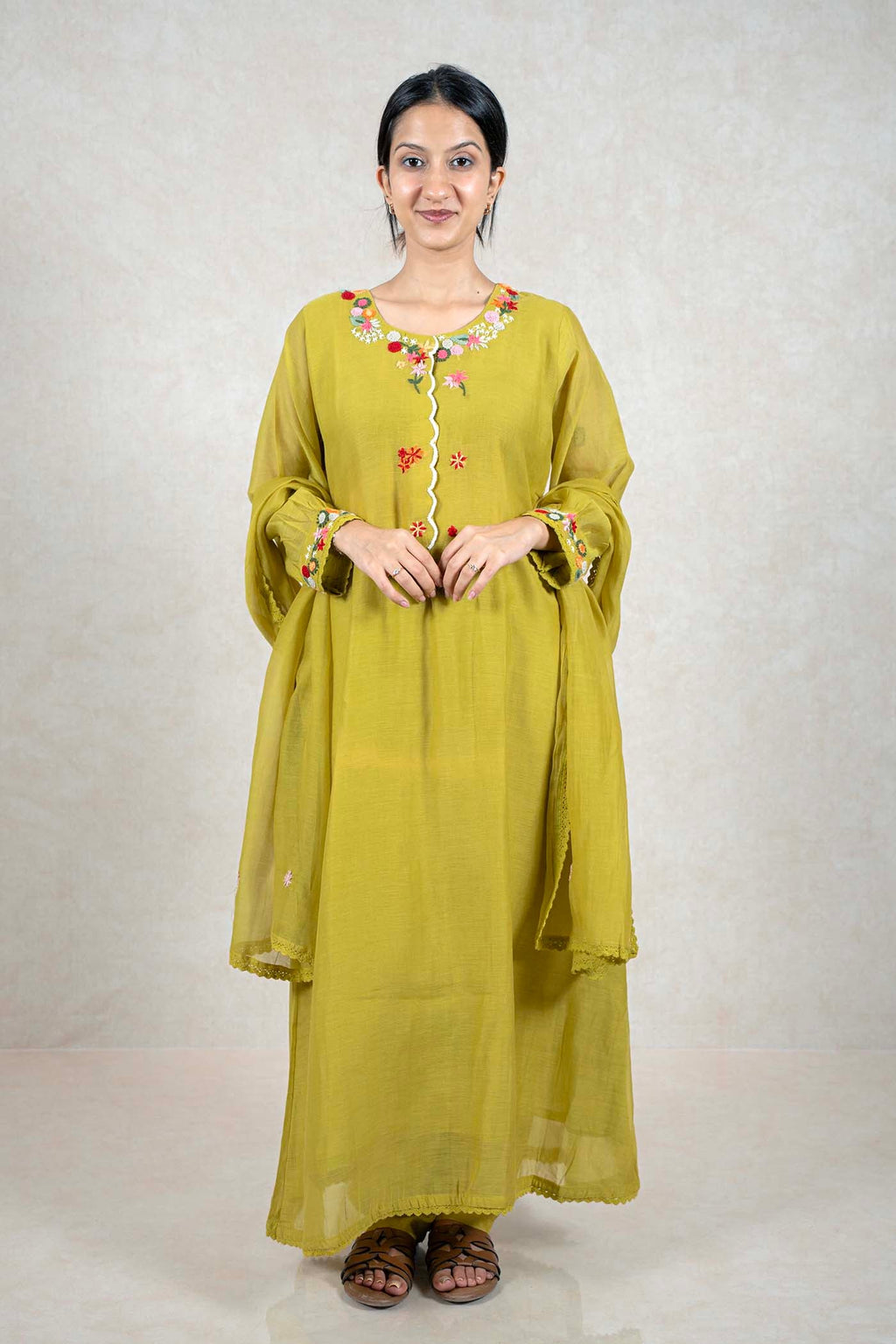 Raysham Fashion olive green ethnic kurta set with multi-colored floral embroidery, scalloped lace, and dupatta.