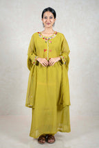 Raysham Fashion olive green ethnic kurta set with multi-colored floral embroidery, scalloped lace, and dupatta.