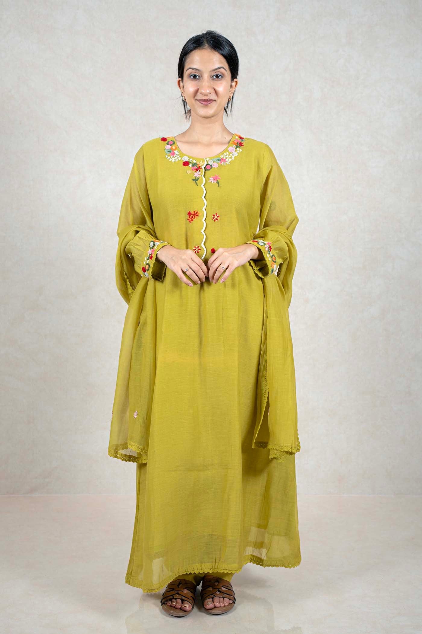 Raysham Fashion olive green ethnic kurta set with multi-colored floral embroidery, scalloped lace, and dupatta.