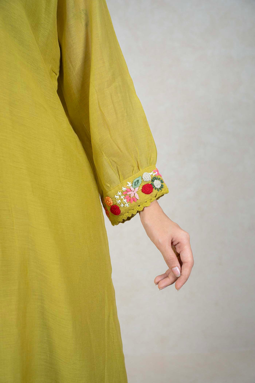 Raysham Fashion olive green kurta sleeve with multi-colored floral embroidery and delicate scalloped lace trim