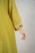 Raysham Fashion olive green kurta sleeve with multi-colored floral embroidery and delicate scalloped lace trim