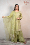 Raysham Fashion olive green embroidered kurta with matching sharara and sheer dupatta for festive occasions