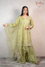 Raysham Fashion olive green embroidered kurta with matching sharara and sheer dupatta for festive occasions