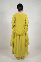 Raysham Fashion olive green ethnic kurta set featuring a button-down back and matching dupatta on a model
