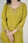 Raysham Fashion olive green silk blend kurta featuring intricate gold embroidery on the neckline and sleeve cuffs.