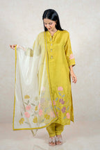Raysham Fashion olive green silk kurta set with pink floral embroidery, pearl neckline, and sheer matching dupatta.