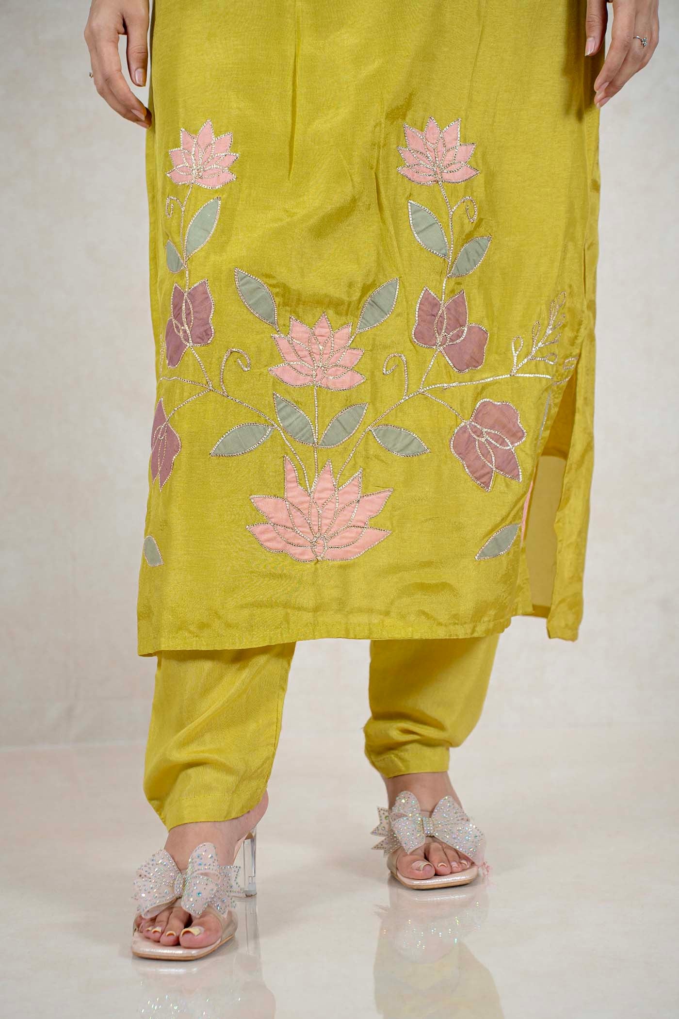 Raysham Fashion olive green silk kurta set featuring pink floral embroidery and intricate pearl embellishments
