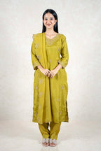 Raysham Fashion olive green silk blend kurta set with gold embroidery, matching trousers, and a scalloped dupatta.