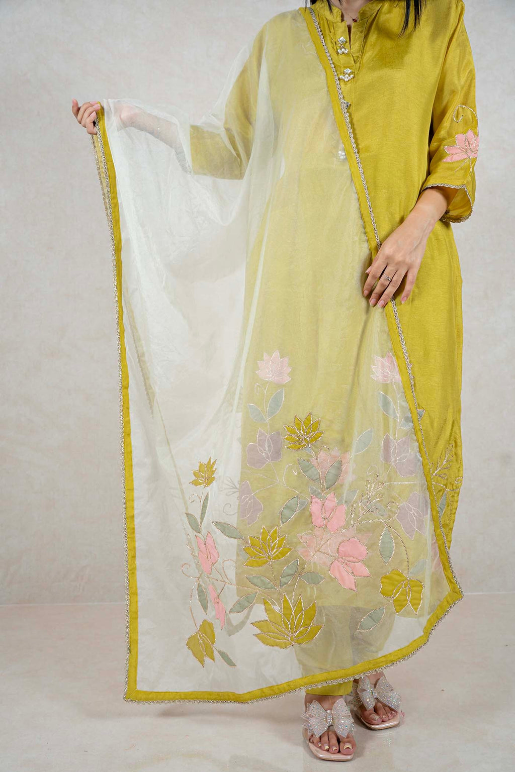 Raysham Fashion olive green silk kurta set with pink floral embroidery, pearl embellishments, and sheer dupatta