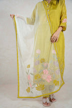 Raysham Fashion olive green silk kurta set with pink floral embroidery, pearl embellishments, and sheer dupatta