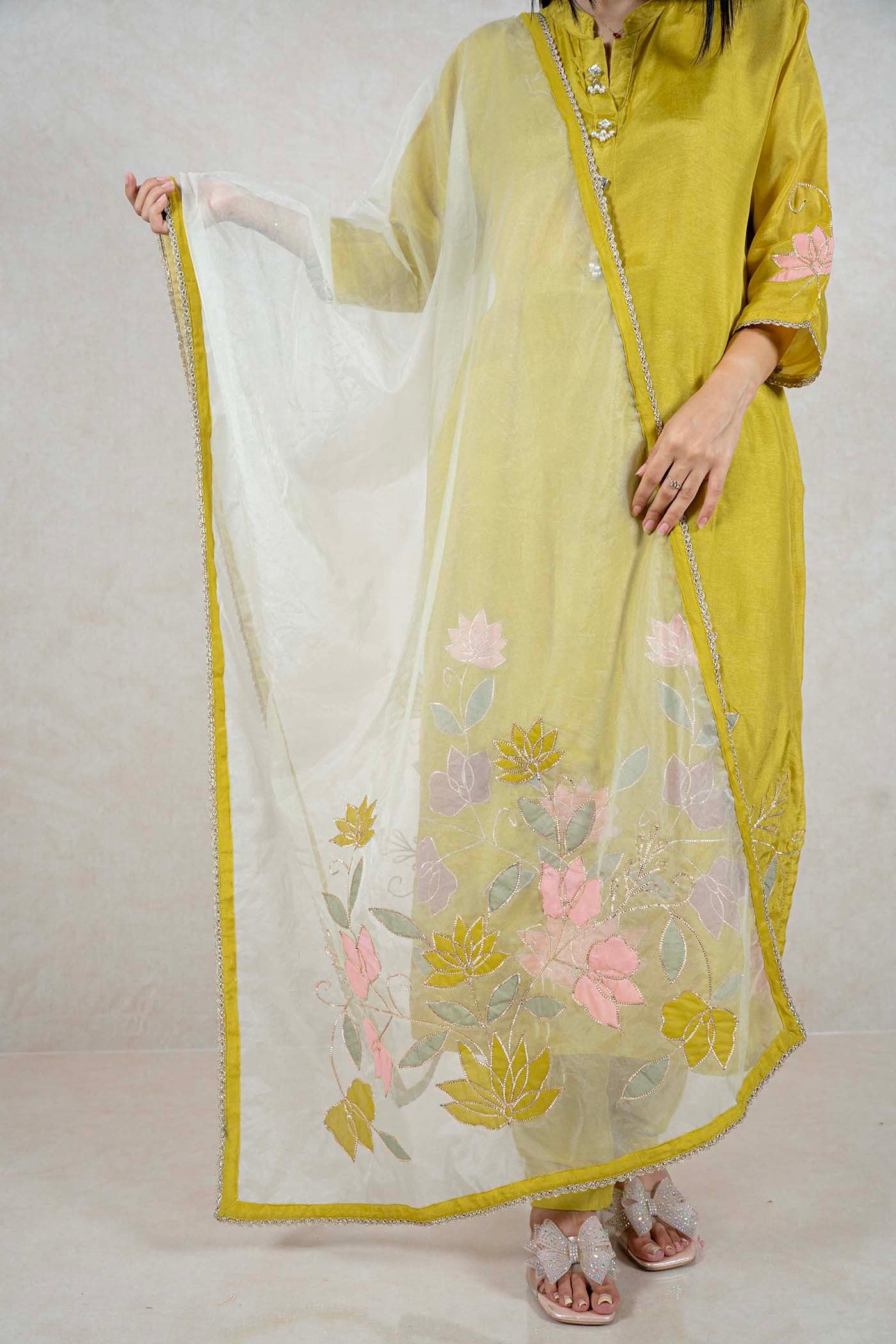 Raysham Fashion olive green silk kurta set with pink floral embroidery, pearl embellishments, and sheer dupatta