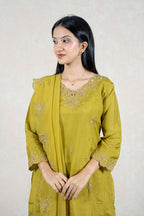 Raysham Fashion olive green silk blend kurta set featuring intricate gold embroidery on the neckline and sleeves