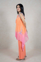 Raysham Fashion orange and pink ombre sleeveless layered top with wide leg trousers and floral beadwork
