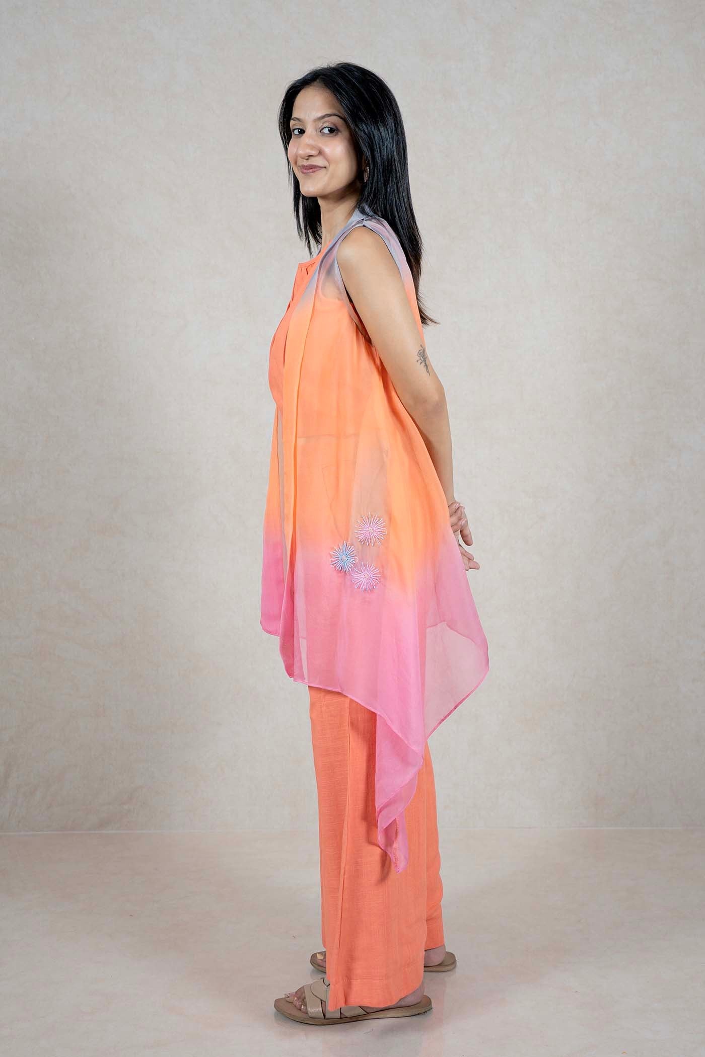 Raysham Fashion orange and pink ombre sleeveless layered top with wide leg trousers and floral beadwork