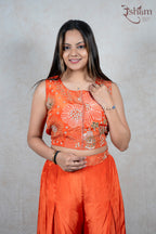 Raysham Fashion orange sleeveless crop top with floral embroidery and sequins paired with matching wide-leg trousers