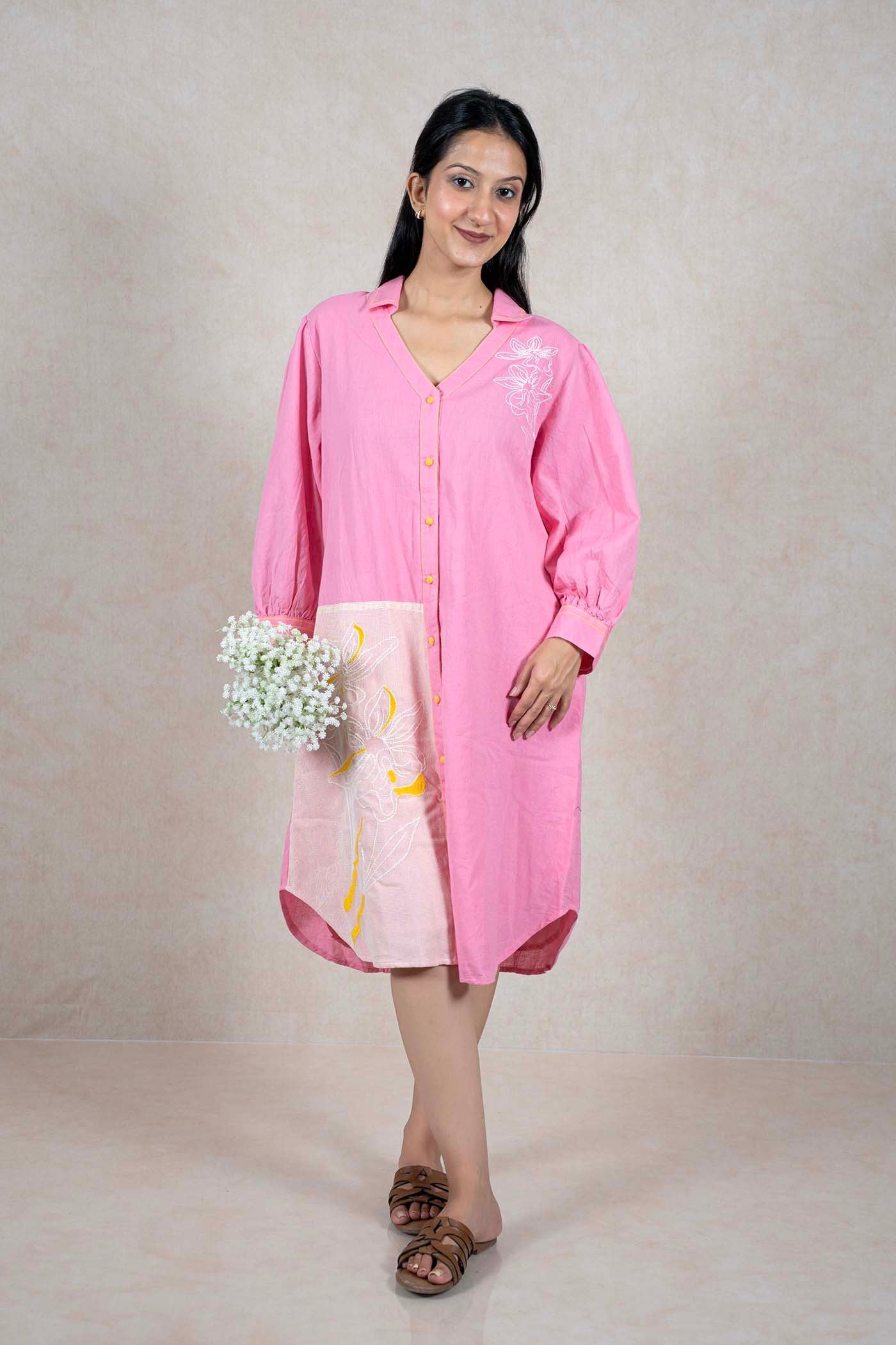 Raysham Fashion pink midi shirt dress with floral embroidery, button-down front, and yellow stitching details.