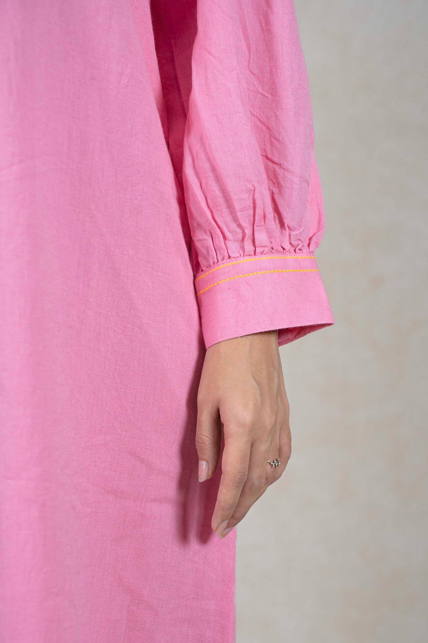 Raysham Fashion pink midi shirt dress sleeve detail with gathered cuff and yellow contrast stitching