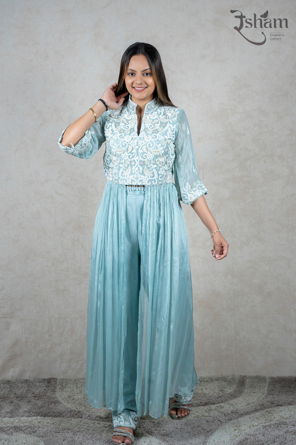 Raysham Fashion powder blue co-ord set with white floral embroidery, mandarin collar, and flared trousers.