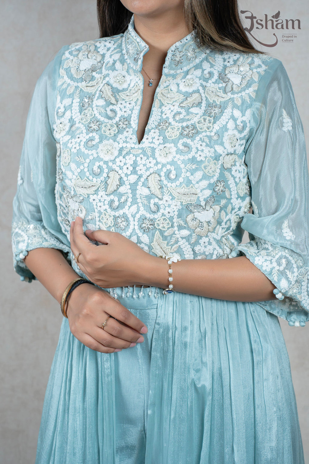 Raysham Fashion powder blue co-ord set with intricate white floral embroidery, mandarin collar, and three-quarter sleeves