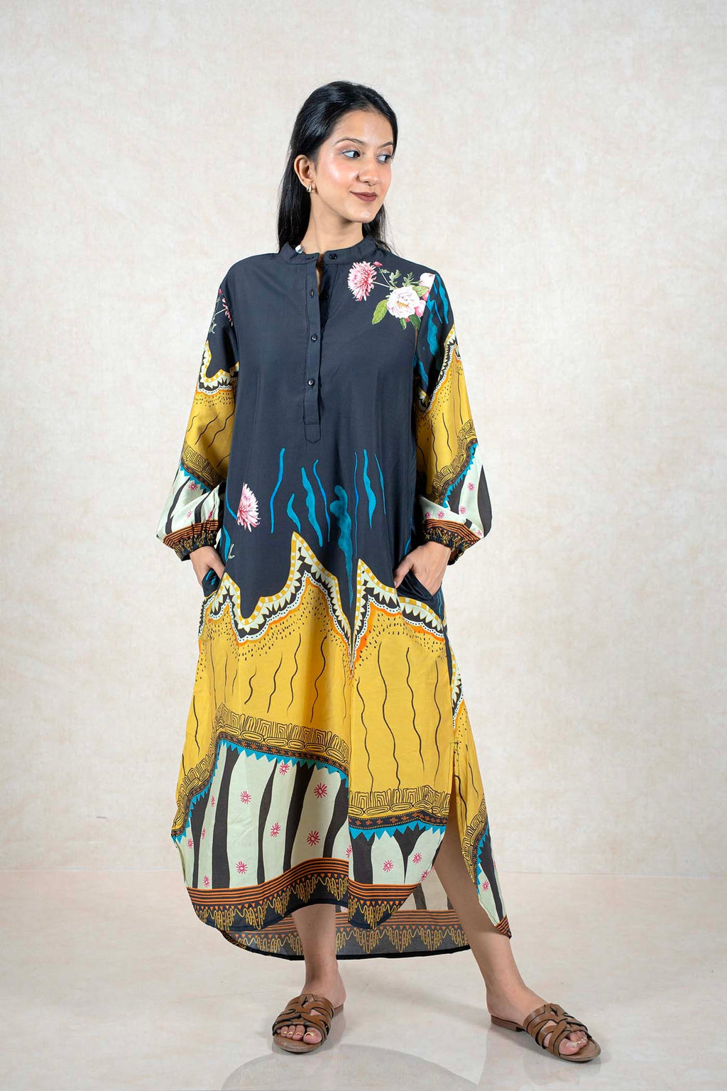 Raysham Fashion charcoal and mustard floral print maxi dress with mandarin collar, long sleeves, and side pockets.