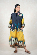 Raysham Fashion charcoal and mustard floral print maxi dress with mandarin collar, long sleeves, and side pockets.